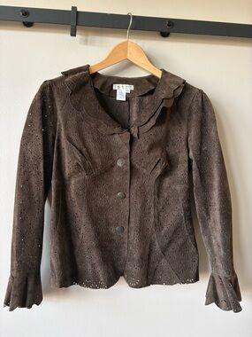Coldwater Creek Brown Eyelet Suede Jacket with Scalloped Collar